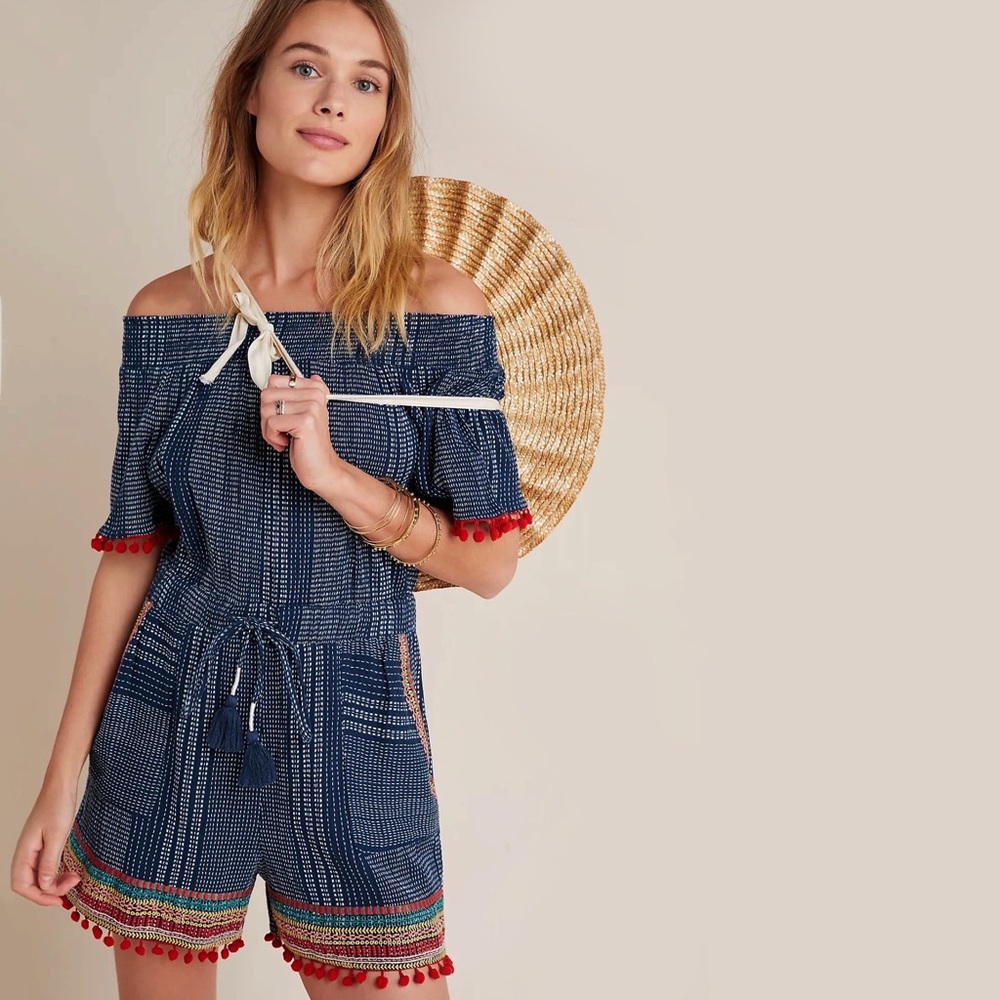 HTF Anthropologie Lacey Pommed Off-The-Shoulder Romper - Picture 4 of 5